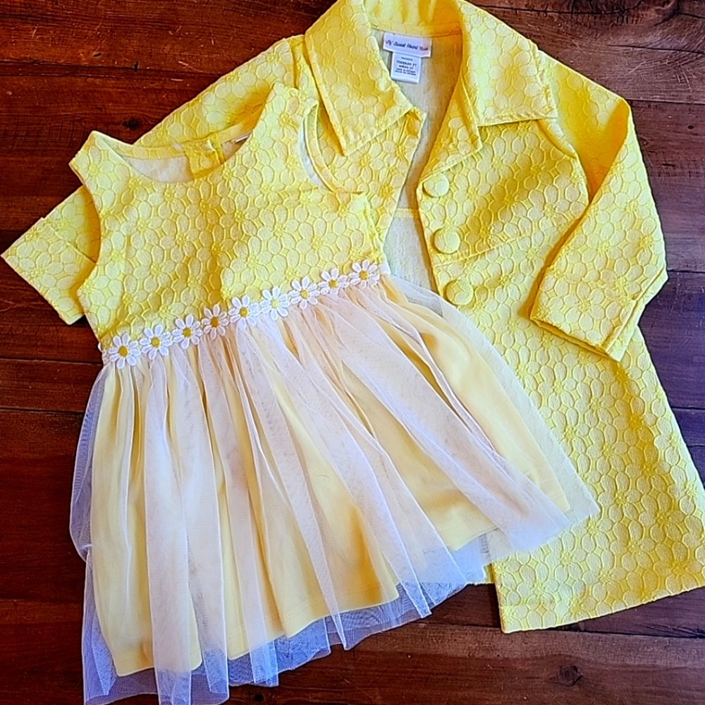 Toddler Girl 2-piece Dress & Coat Bright Yellow Stitched Flowers Daisies